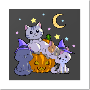 Halloween Cats Pumpkin Witch Anime Cat Lover Kawaii Neko Posters and Art